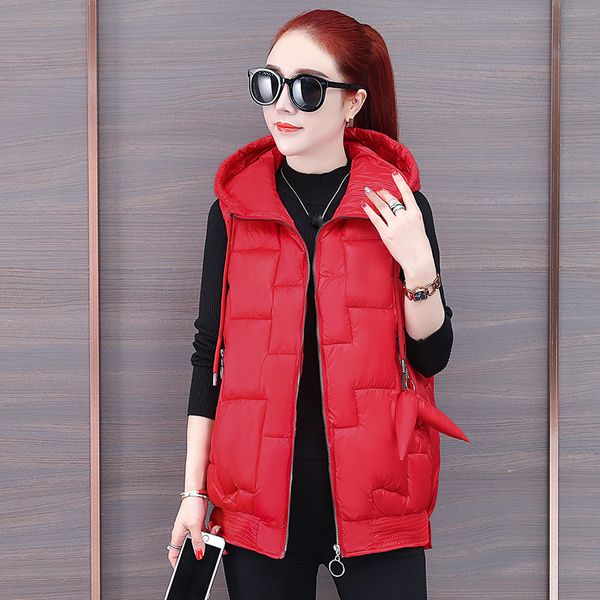 

women lace hooded cotton vest 2019 new korean winter fashion solid patchwork sleeveless zipper pockets office lady outerwear, Black;white