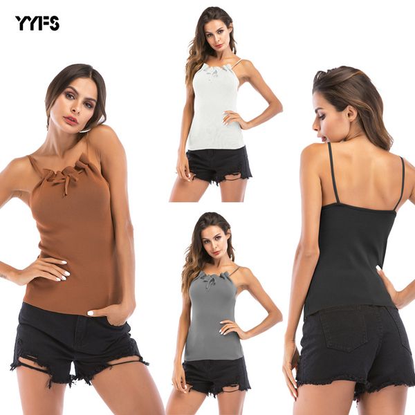 

bow knotted halter off-shoulder backless tight all-match bottoming knitted camisole female 2020 summer, Black;white
