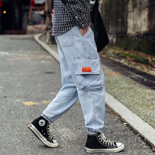 

cargo jeans pants mens fashion pocket denim pants men designer trousers casual loose elastic waist, Blue