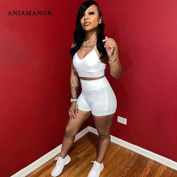 

anjamanor v neck crop and shorts two piece set summer clothes for women 2020 casual outfits womens tracksuitsd49-be22, White