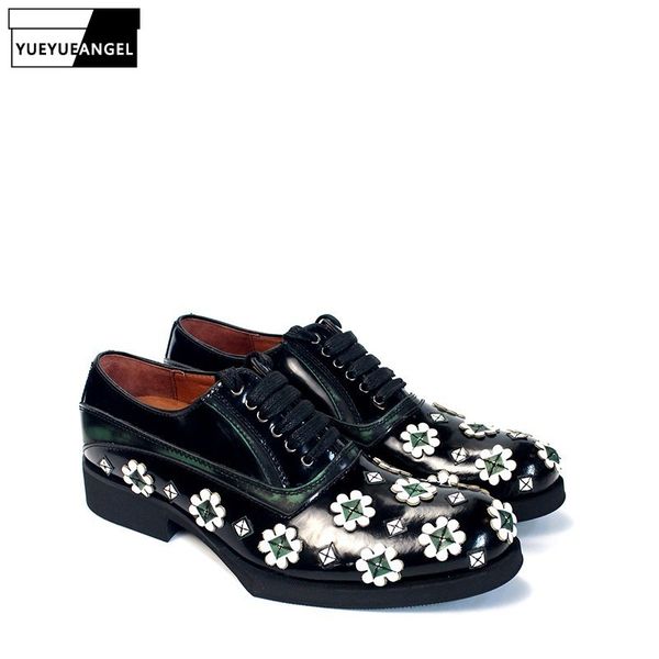 

designer floral genuine leather shoes men handmade lace up oxford shoes brand wedding party office flat dress plus size, Black