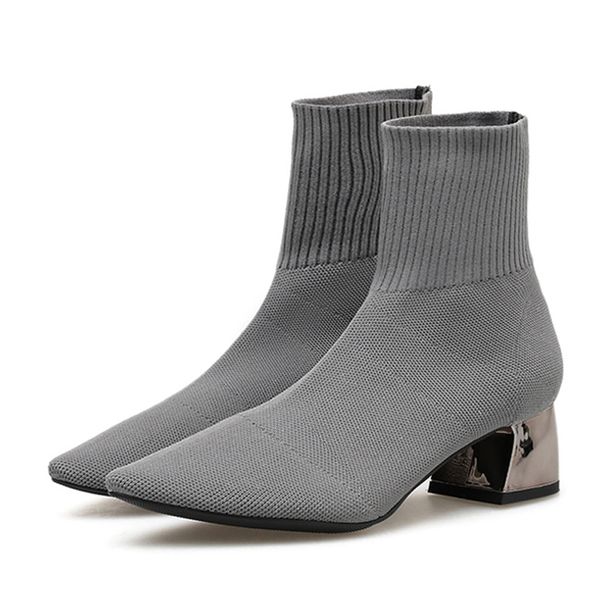 

autumn winter knitted stretch fabric socks women boots low heel short boots gray pointedtoe women ankle boots, Black