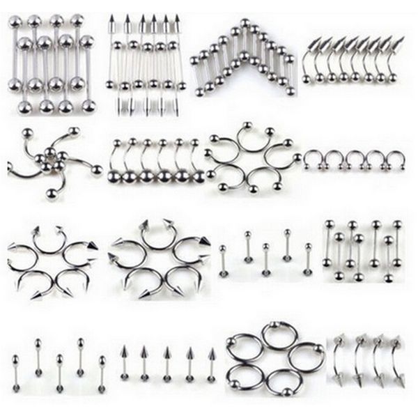 

66pcs multi-type stainless steel curved eyebrow nose lip earrings nipple piercings punk body piercing, Slivery;golden