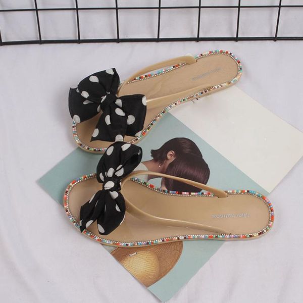 

bow knot flip flops women summer beach clip toe flip flops bohemian flat slippers outdoor wave point printed shoes 2020 fe4, Black