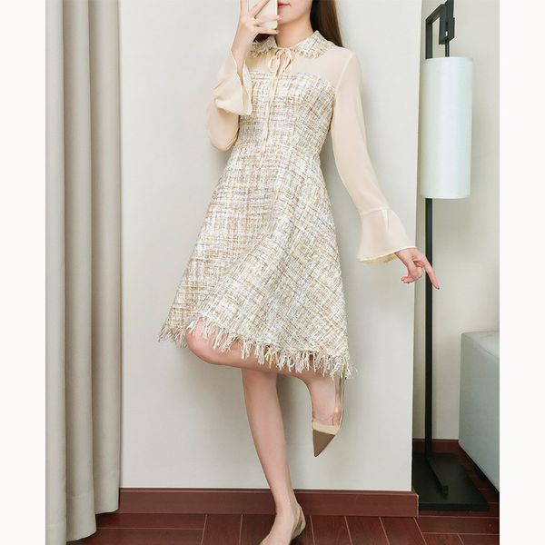 

spring women mesh patchwork tweed dress flare sleeve plaid ruffles wool blends dress high waist a line tassel, Black;gray