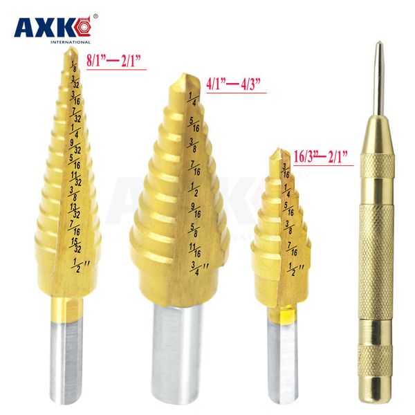

4pcs hss titanium coated step drill bit for metal/ wood drilling hole +automatic center punch 3/16" to 1/2"six-step bit dt104