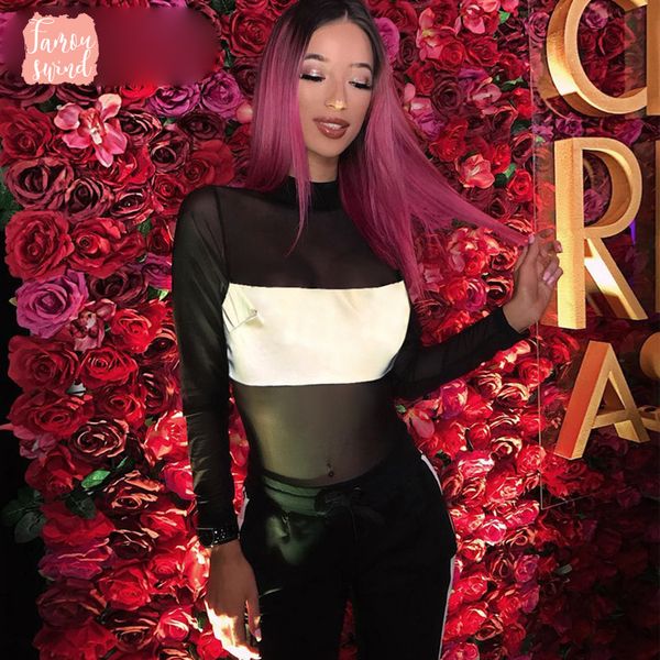 

флэш-reflective женщины bodysuit прозрачный sexy mesh сращивание high neck с длинным рукавом 2019 осень зима клуб streetwear, Black;white