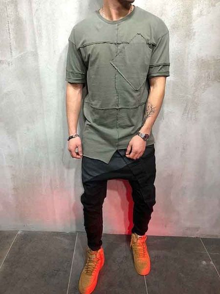

2018 latest style men's basic extended long t- shirt pocket tee loose casual crew neck fashion short sleeve, White;black