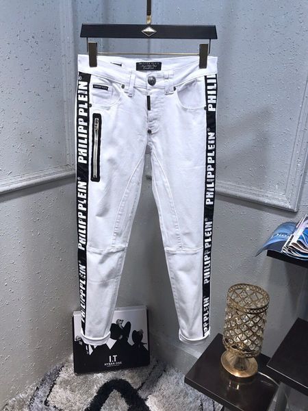 

2019ss spring/summer classic jeans black and white slim fit motorcycle rider denim men's wear designer stretch size 29-40, Blue
