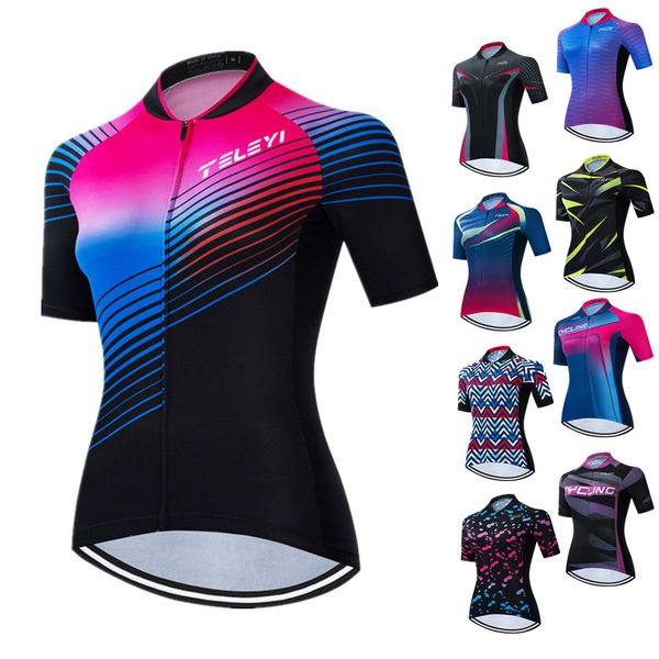 

teleyi cycling jersey women summer short sleeve mtb bike jersey pro team bicycle shirt road cycling wear, Black;red