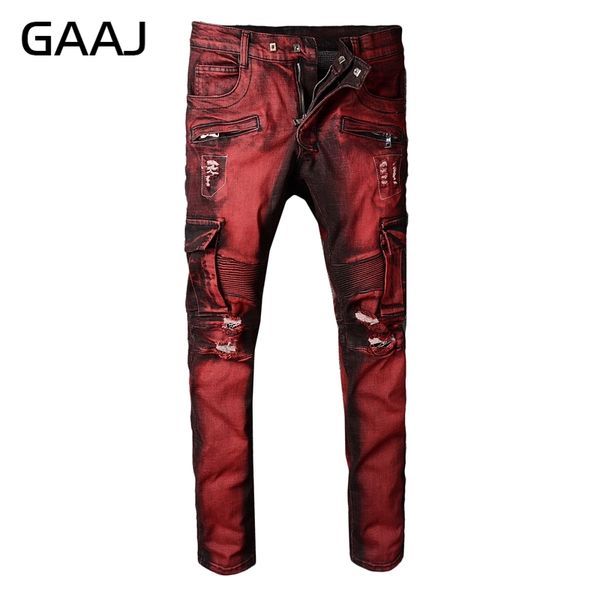 

gaaj famous designer brand men's red pocket cargo biker jeans motorcycle slim holes ripped distressed stretch denim pants hr9kx#, Blue
