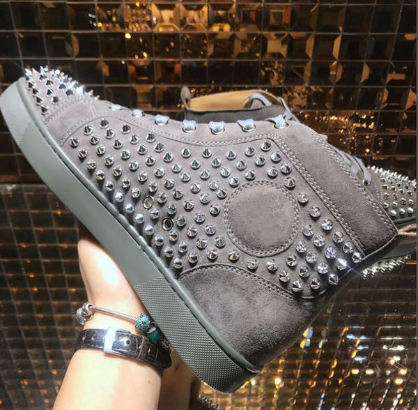 

new paris high louisflat red bottom trainers men's fashion red sole sneakers grey suede leather with spikes,rivets perfect gift, Black