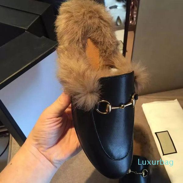 

designer leather loafers fur muller slipper with buckle fashion women princetown ladies casual fur mules flats new ing, Black