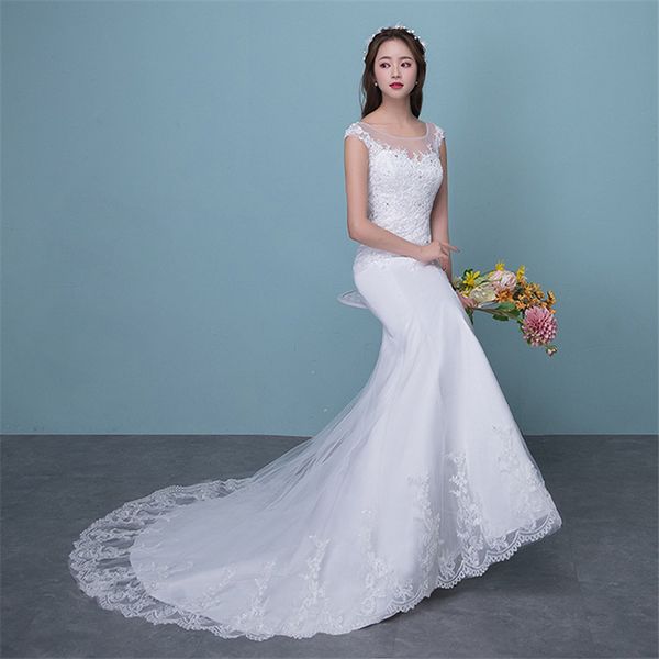 

illusion mermaid train wedding dress 2020 new style korean lace appliques sequined fishtail bride princess estidos de noiva, White