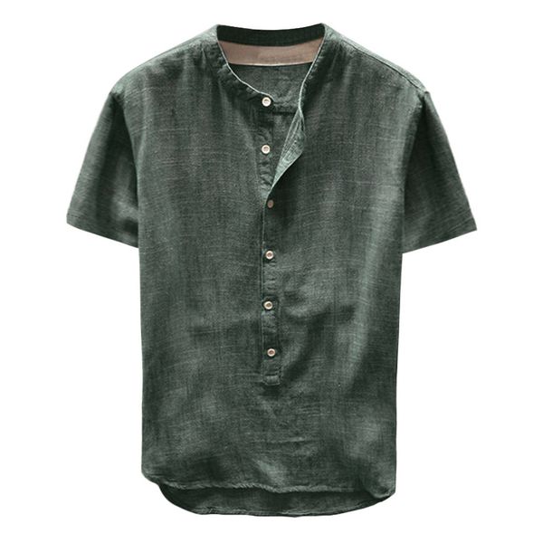 

fashion men's casual solid color loose button cotton and linen shirt simple linen and cotton short sleeve blouse#bl1, White;black