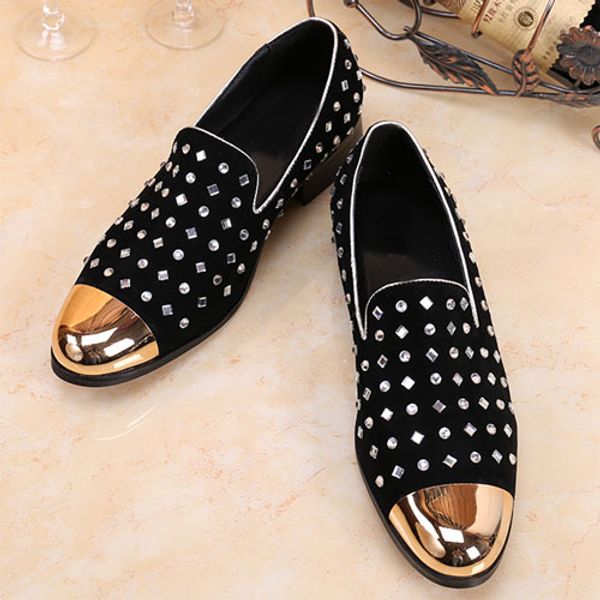 

gold metal toe studded loafers mens crystal creeper slippers pure handmade flats lazy men red bottom dress shoes smoking loafers, Black
