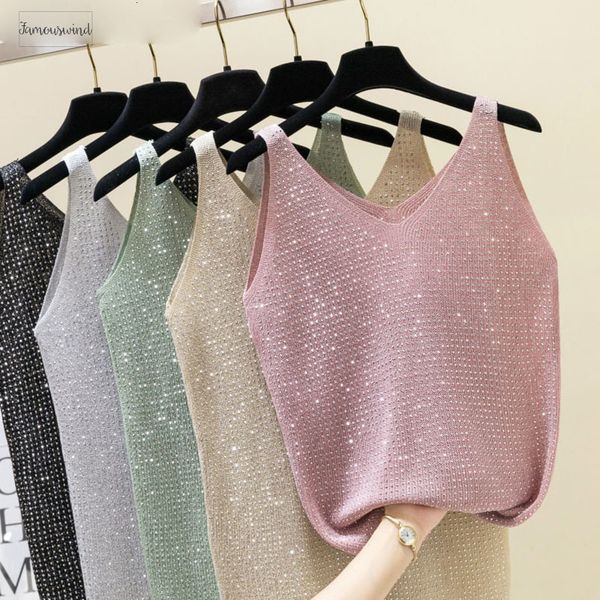 

2019 sexy блестящая вязаная top summer v-образным вырезом diamonds tank top женщины тонкий топ девушек bling sleveless футболки жилет camis, White