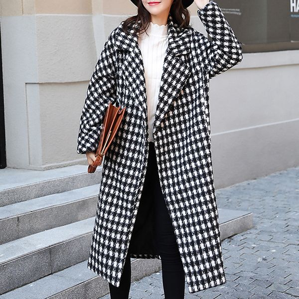 

2019 autumn women trench coats winter long overcoat houndstooth wool coat female long sleeve office korean fashion outerwear, Black