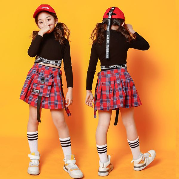 

stage wear children jazz dance costume black sweatshirt plaid skirt for girls hip hop clothing cheerleader uniform drum, Black;red