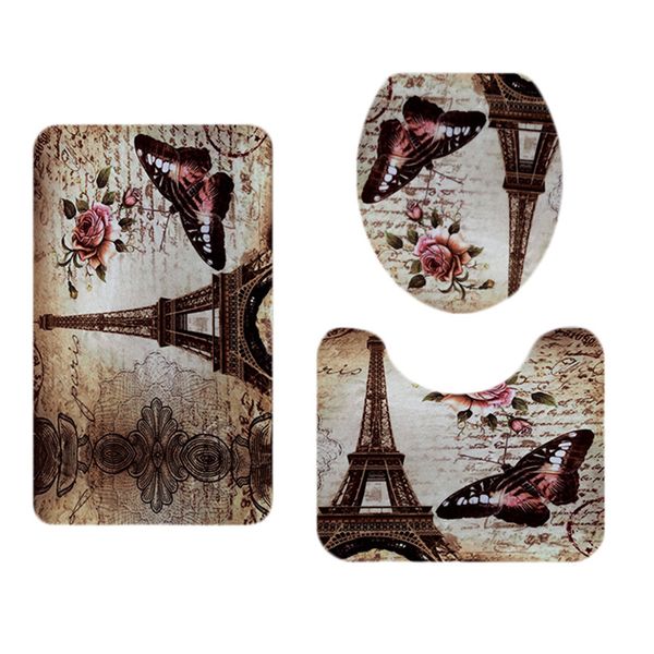 

3 pieces landscape style toilet lid cover bath mat set home decor absorbent