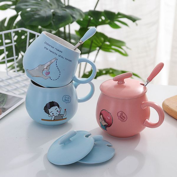 

400ml creative cartoon ceramic mug korean pink couple coffee mug with lid with spoon milk breakfast cup student cup