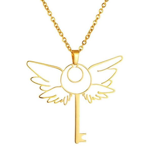 

vintage key pendant necklace women men jewelry angel wings charm choker gold silver collares largos 2020 friendship gift