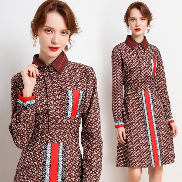 

2020 designer button shirt dress women long sleeve party prom lapel neck ladies runway dress elegant knee-length office dresses, Black;pink