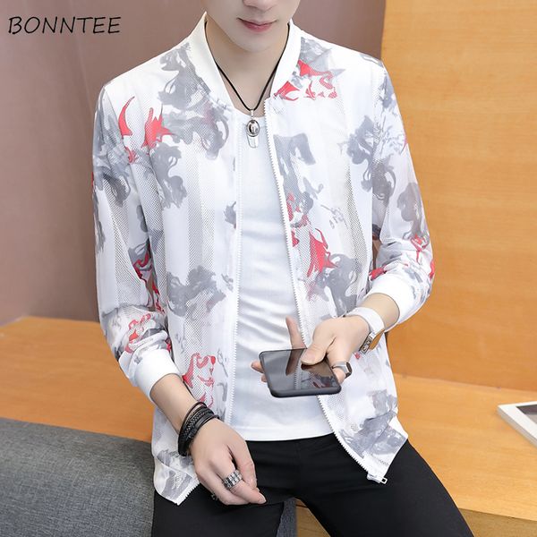 

jackets men printed stand summer thin males coat all match mens korean style ulzzang daily leisure long sleeve chic, Black;brown