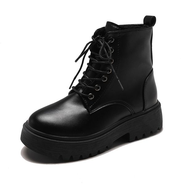 

nice winter women shoes casual leather flats lace up boots shoes women waterproof mid-calf platform woman flat fashion, Black