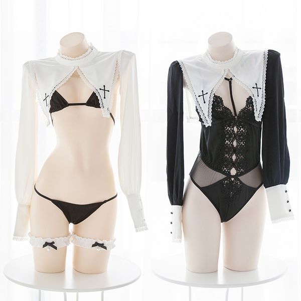 

women nun uniform vacuum underwear teen girls hollow out long sleeve lace trim ultra short sleepwear cosplay costumes, Black;red