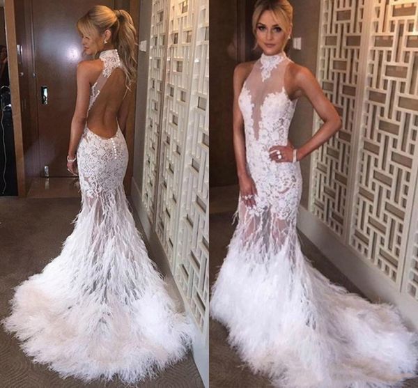 

мода белый кружева высокая шея русалка вечерние платья выпускного вечера 2019 sexy open back длинные вечерние платья партии с перо дизайнер, Black