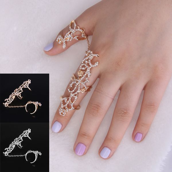 

2pcs женщины punk rock gothic цветочный кристалл двойной полный finger knuckle кольца, Silver