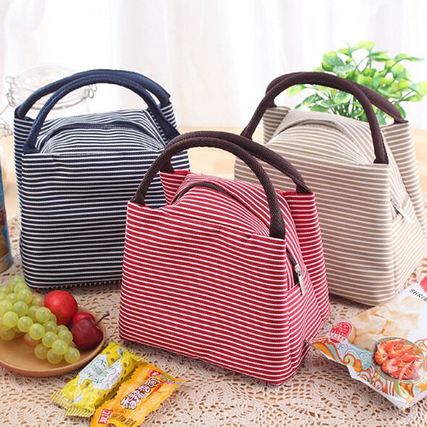 

women portable lunch bag fashion stripe insulated cooler bags large capacity thermal picnic lunch bags for kids, Blue;pink