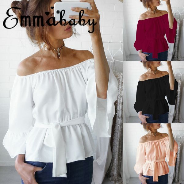 

womens off shoulder lace up flare sleeve summer casual blouse, White