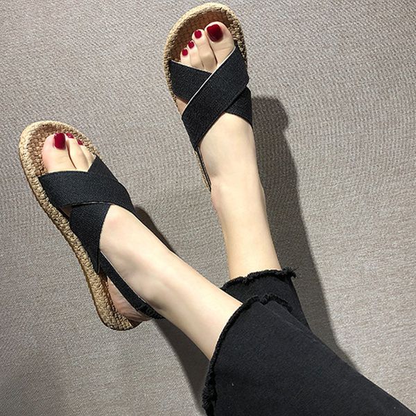 

women sandals woman fashion casual shoes ladies elastic band flats women's solid comfortable non slip footwear 2020 summer, Black
