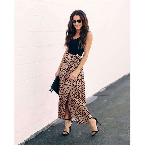 

meihuida women leopard print wrap over aysmmetric skirt high waist chiffon long maxi skirt office lady elegant skirts, Black