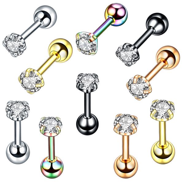 

1pc cz gem stainless steel 16g barbell women crystal zircon ear cartilage bar tragus helix stud earrings body piercing jewelry, Slivery;golden