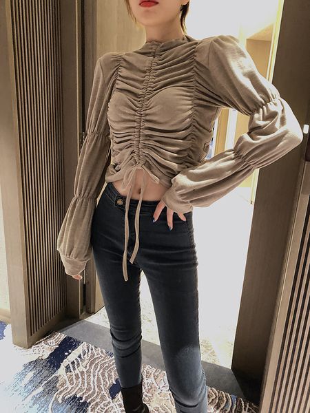 

autumn winter 2019 long sleeve drawstring pleated short slim knit women women sweater elegant pullover winter clothes, White;black