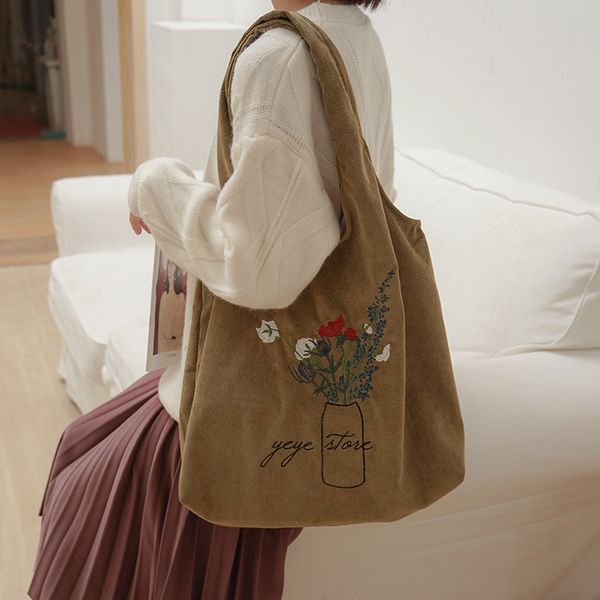 

ladies corduroy shoulder bag flowers embroidery female literary cloth handbag casual tote eco simple shopping bags for girls