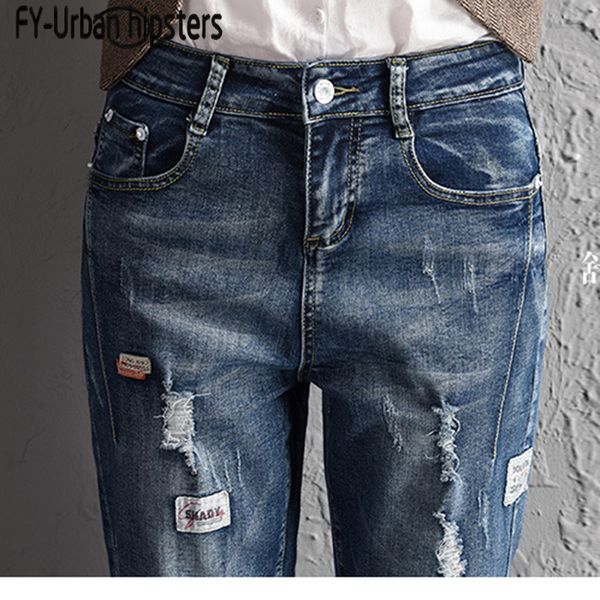 

women ankle length jeans hole patch elastic denim cotton pencil pants woman harem jeans stretch plus size boyfriend ripped, Blue