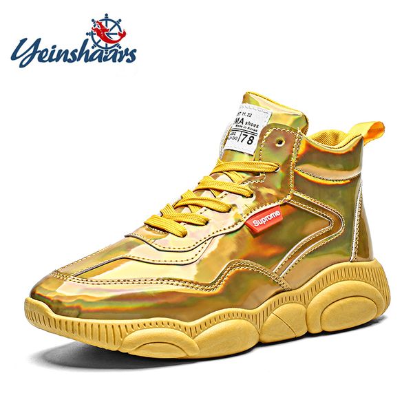 

yeinshaars gold silver black leather casual shoes fashion men bling high lace up sneakers outdoor male footwear