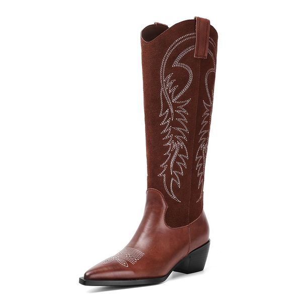 

zapatos mujer women winter embroidery microfiber cowgirl knee high boots woman platform vintage riding boots chaussures femme, Black