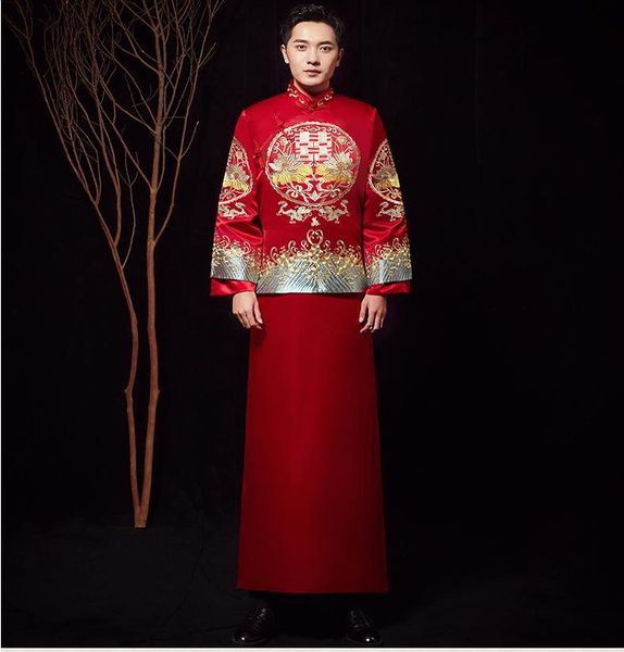 

red groom vintage loose cheongsam traditional chinese wedding gown satin qipao embroidery dragon costume vestido oriental mens