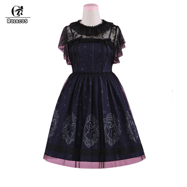 

rolecos vintage starry night angel printing dress sets for women classical sleeveless strap dress and smock lolita sets, Black;red