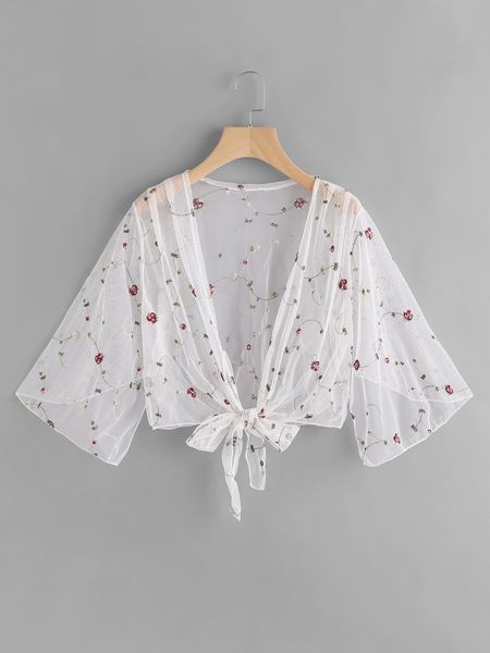 

женщины shirt женщины top sexy sheer сетки солнцезащитный рубашка transparent t shirt женщины широкие рукава цветочные вышивка tee урожай la, White