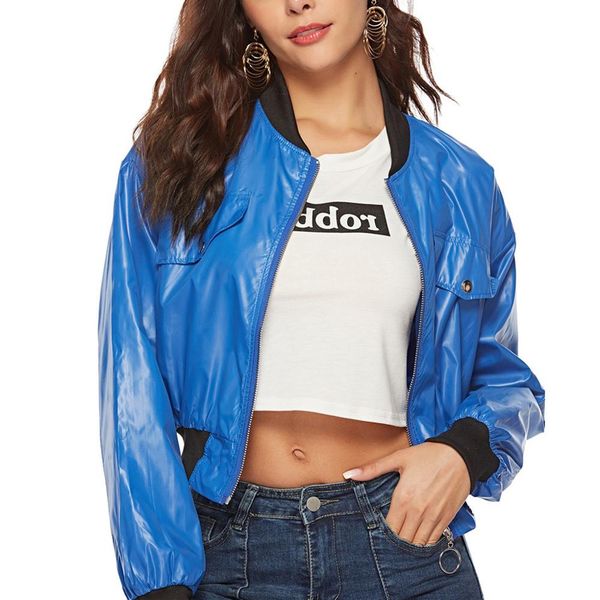 

women stand collar baseball short coat casual sport running jersey zipper cropped overcoat blue outwear for ladies 2019, Black;red