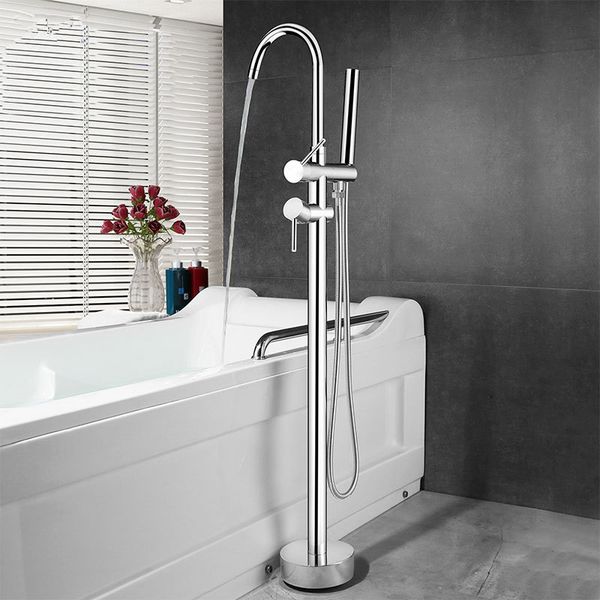 

floor mounted stand bathroom bathtub faucet brass chromed double handle bath water mixer with hand shower head