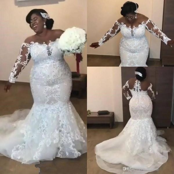 

sheer long sleeves lace mermaid plus size wedding dresses 2019 mesh applique beaded court train wedding bridal gowns vestidos de novia, White