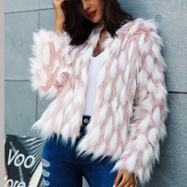 

pink white faux fur coat elegant night club fashion women party fluffy warm winter coat women, Black