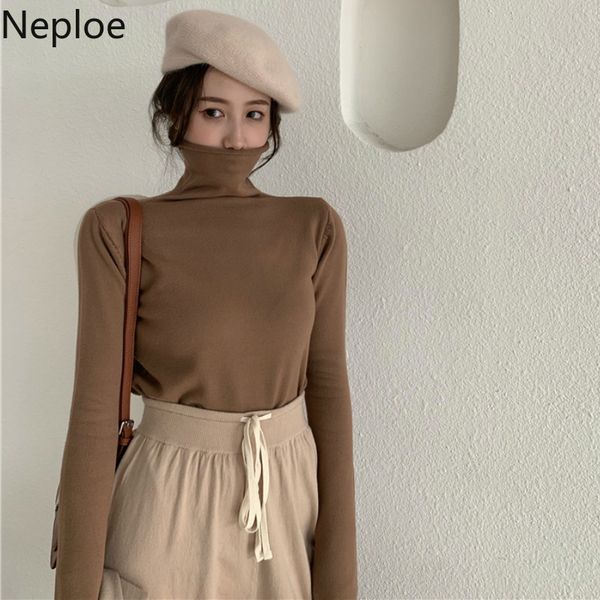 

neploe turtleneck bottom long sleeve t shirt autumn spring 2020 new solid knit skinny tees multicolor wild ladies 47784, White